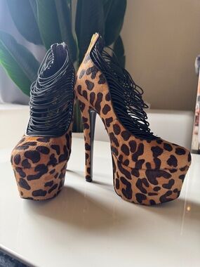 London Trash Leopard Print Platform High Heel Pumps with Black Cord Accents